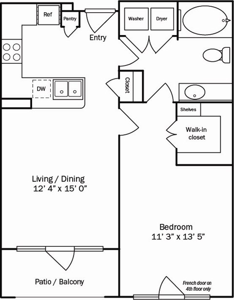A floor plan of a small apartment with a living room, dining room, bedroom, and bathroom.